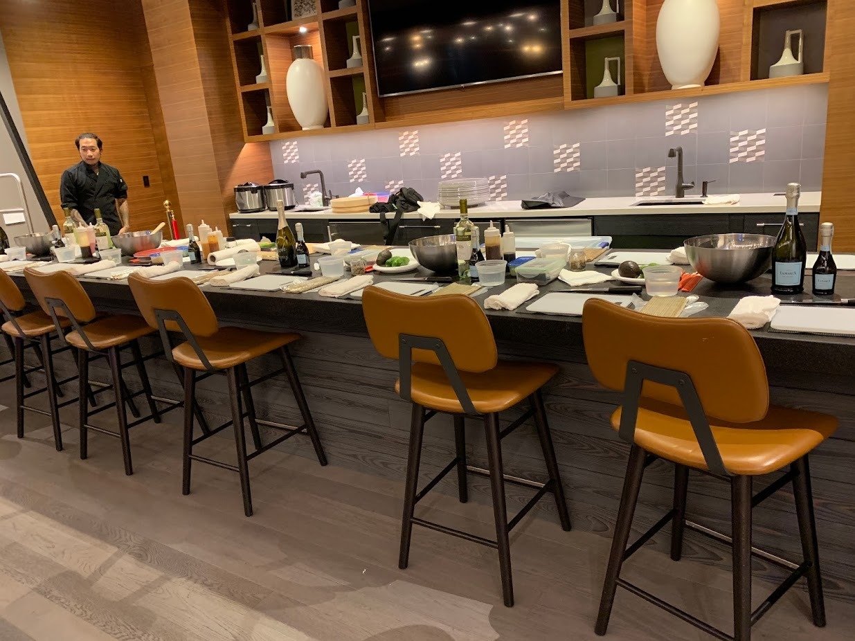 A professionally prepared cooking workshop table